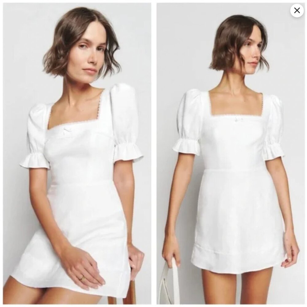 Reformation White Linen Mini Dress with Puff Sleeve